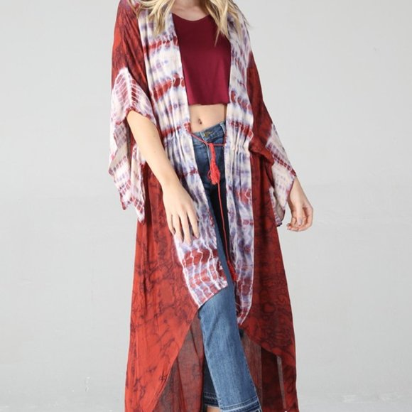 Last Medium NWT Red White Tie Dye Gypsy Long Kimono Duster Med - Picture 3 of 8